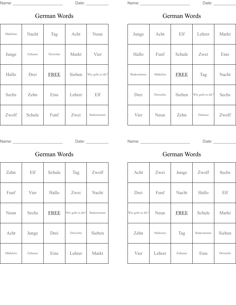 German Words Bingo Cards