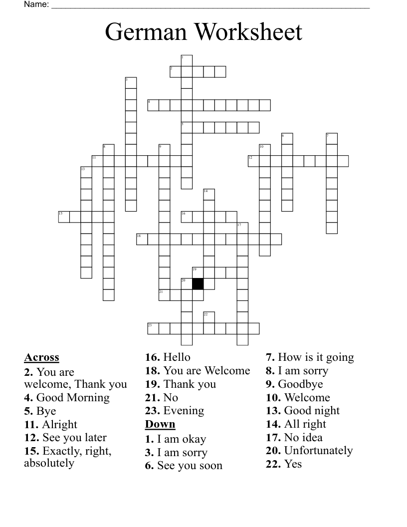 German Worksheet Crossword