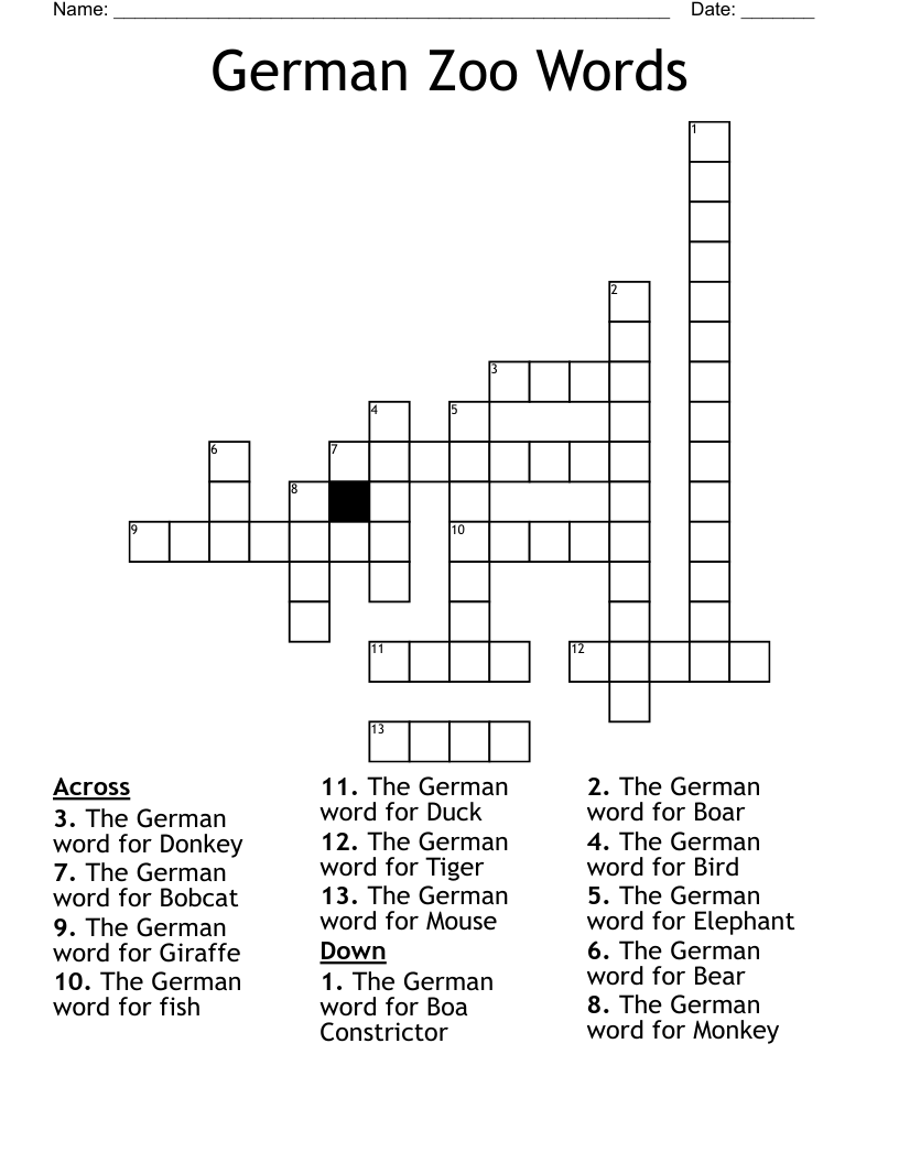 German Zoo Words Crossword