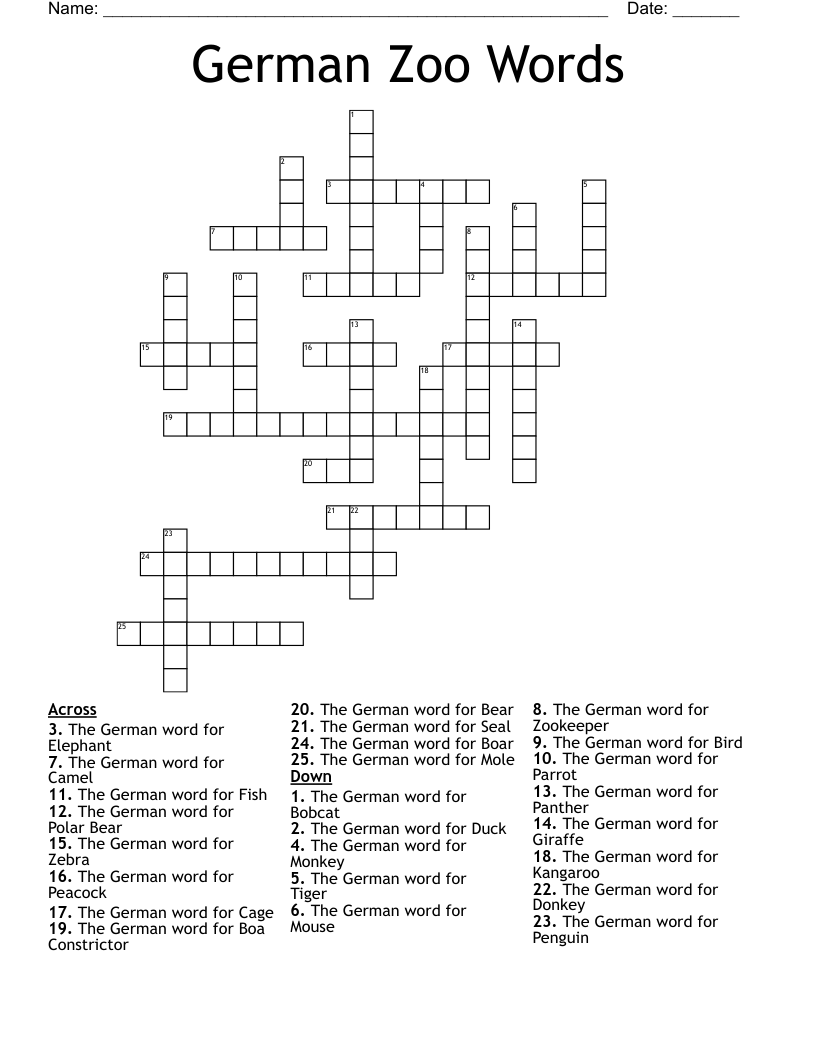 German Zoo Words Crossword