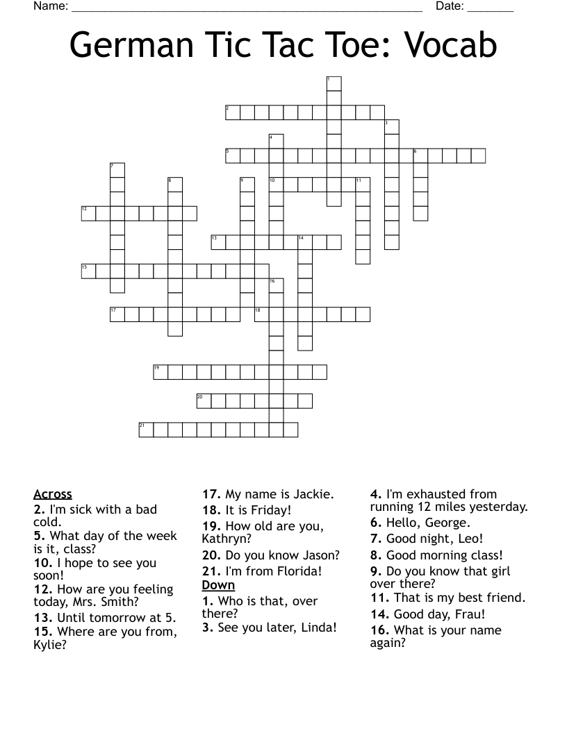 German  Tic Tac Toe: Vocab Crossword
