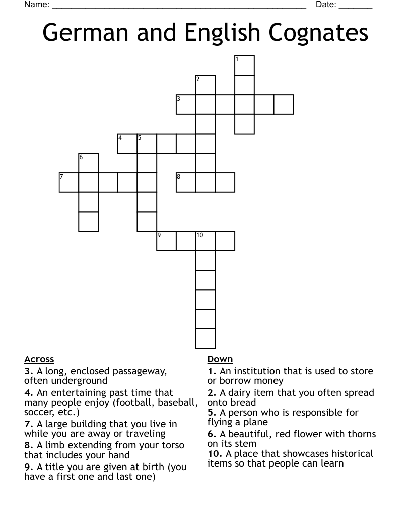 German and English Cognates Crossword