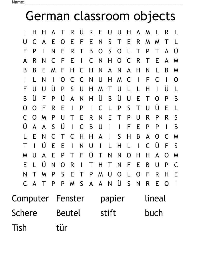 German classroom objects Word Search