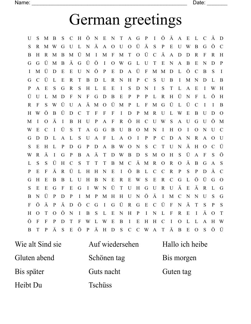 German greetings Word Search