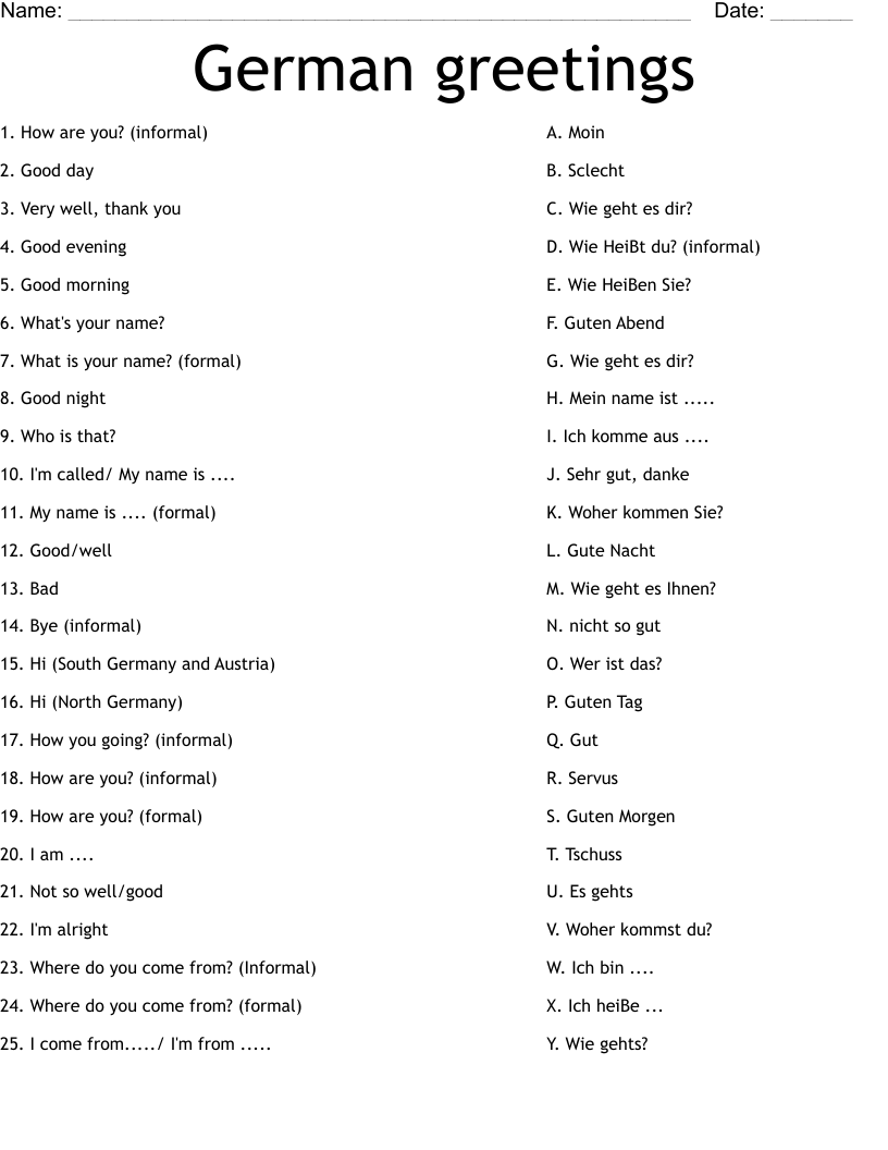 German greetings Worksheet