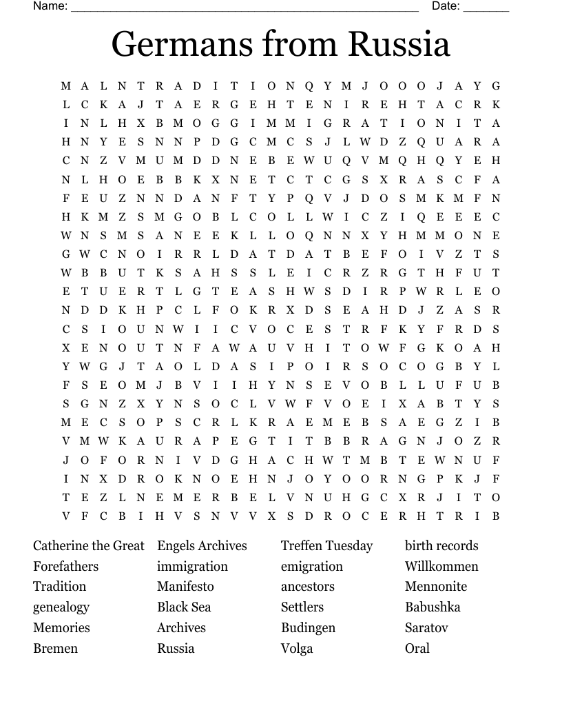Germans from Russia Word Search