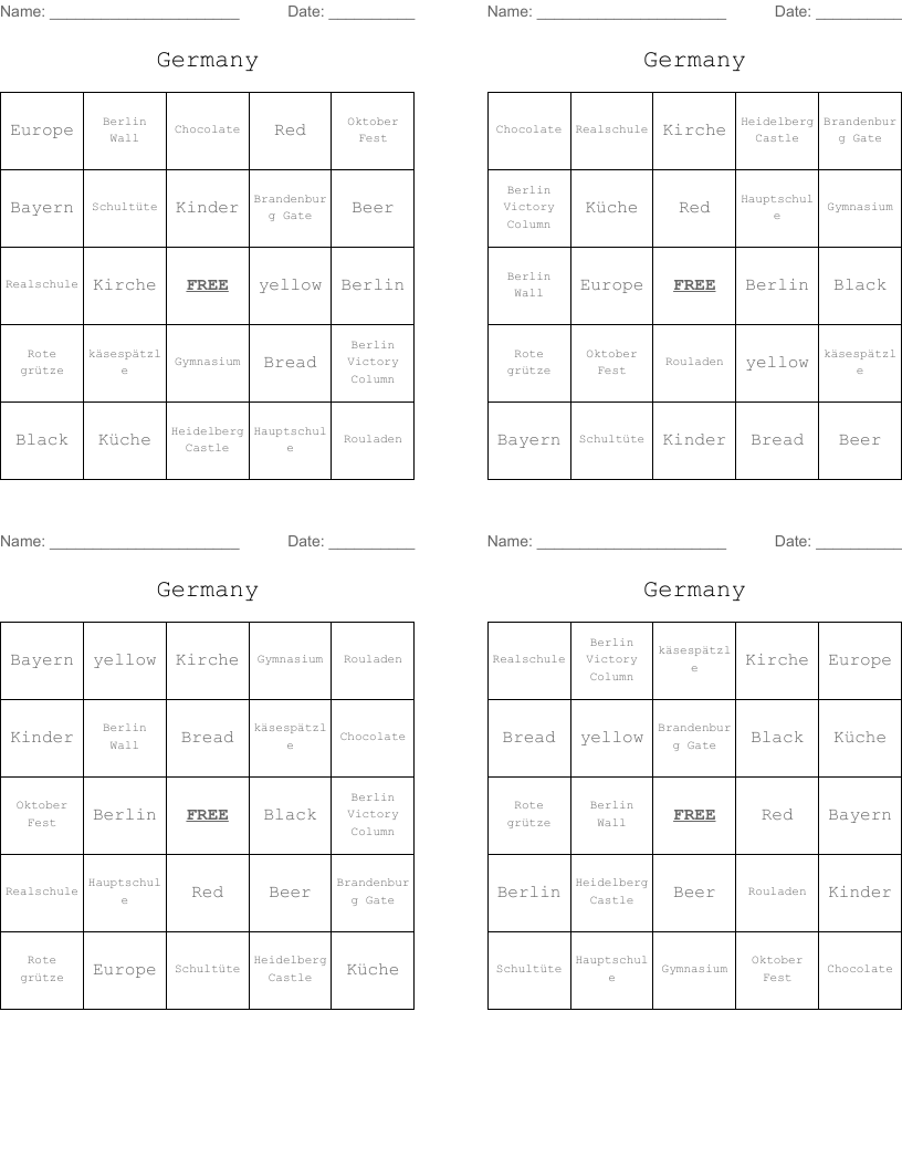 Germany Bingo Cards
