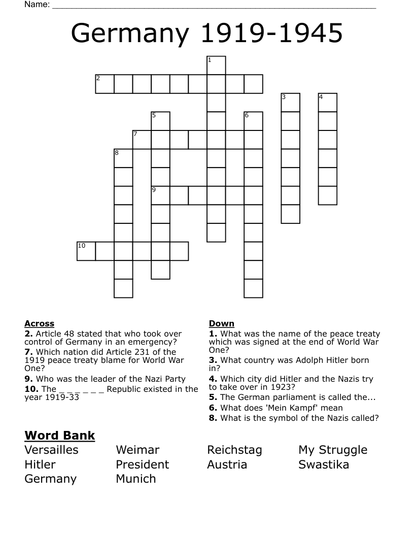 Germany 1919-1945 Crossword