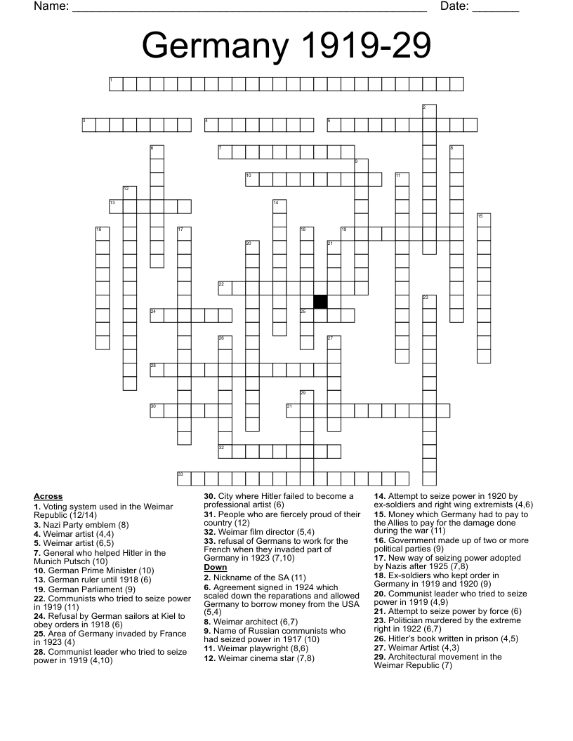 Germany 1919-29 Crossword