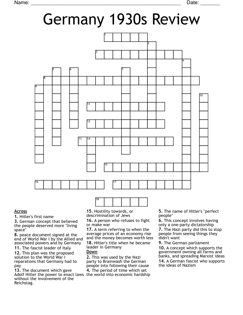 Germany 1930s Review Crossword