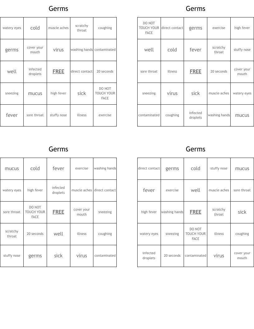 Germs Bingo Cards