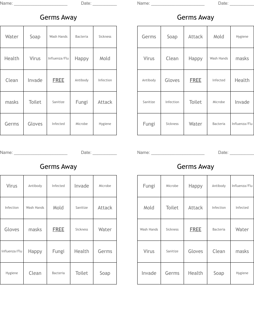 Germs Away Bingo Cards