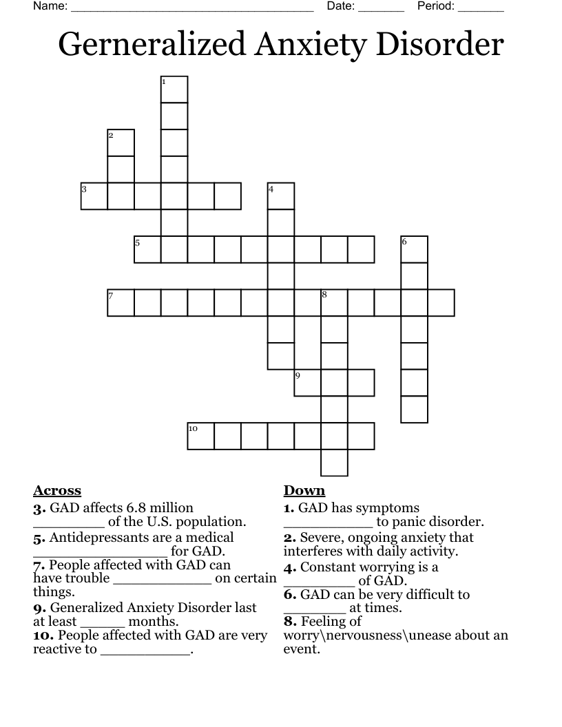 Gerneralized Anxiety Disorder Crossword