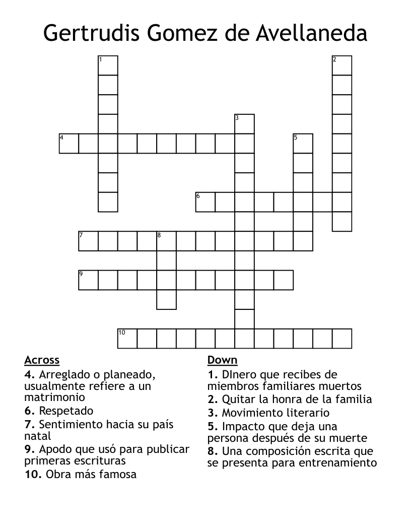 Gertrudis Gomez de Avellaneda Crossword
