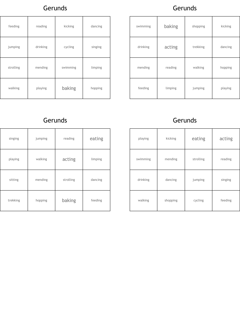 Gerunds Bingo Cards