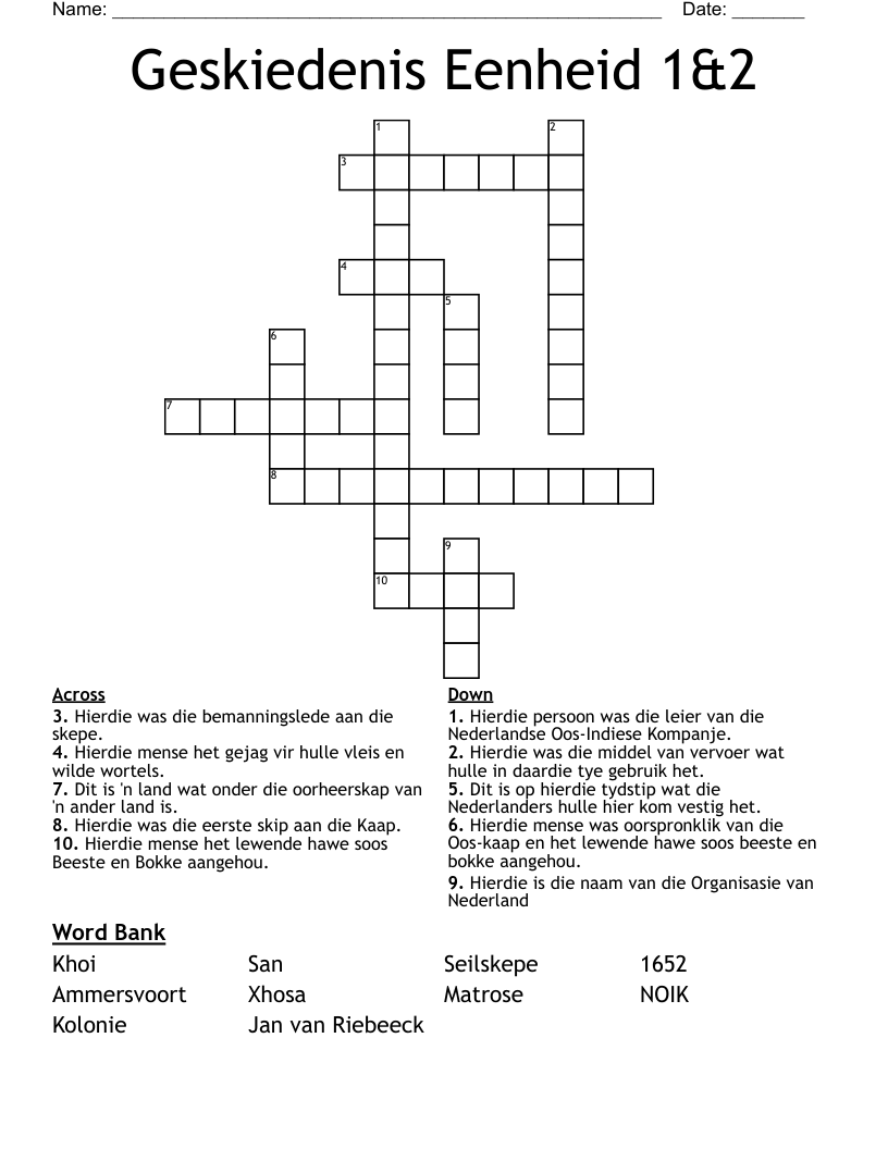 Geskiedenis Eenheid 1&2 Crossword