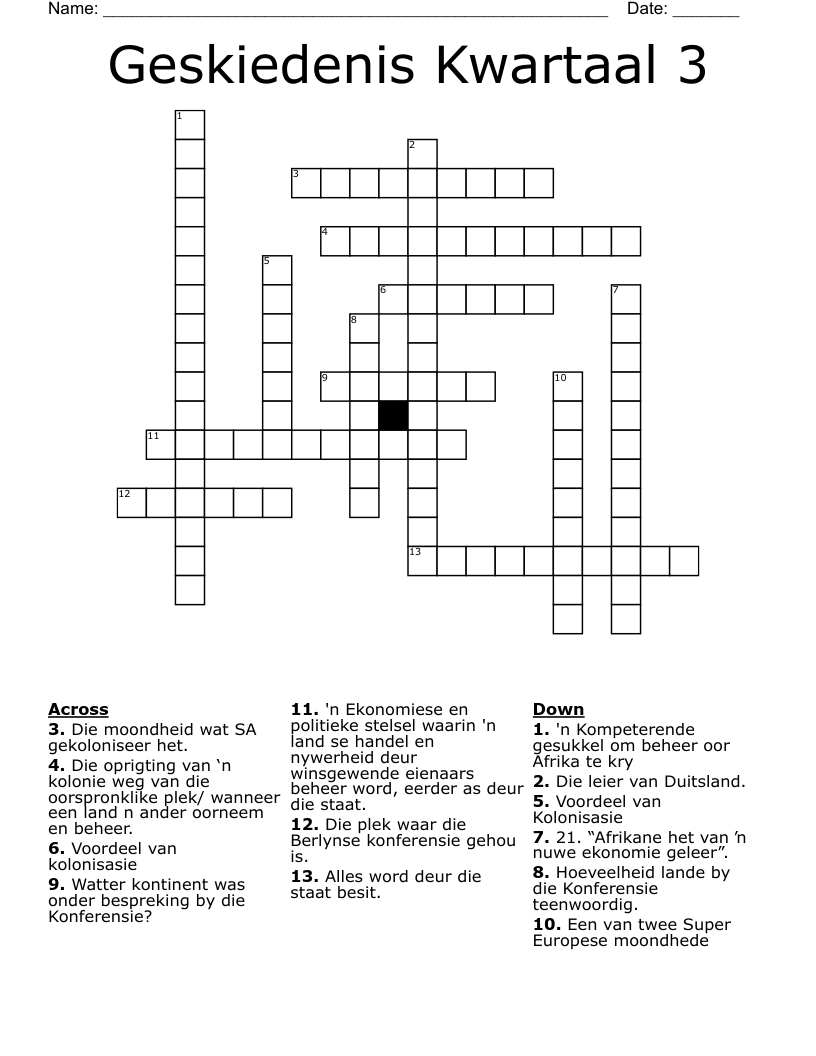 Geskiedenis Kwartaal 3 Crossword