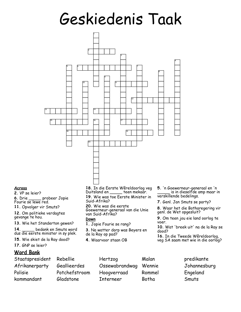 Geskiedenis Taak Crossword