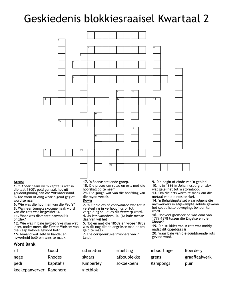 Geskiedenis blokkiesraaisel Kwartaal 2 Crossword