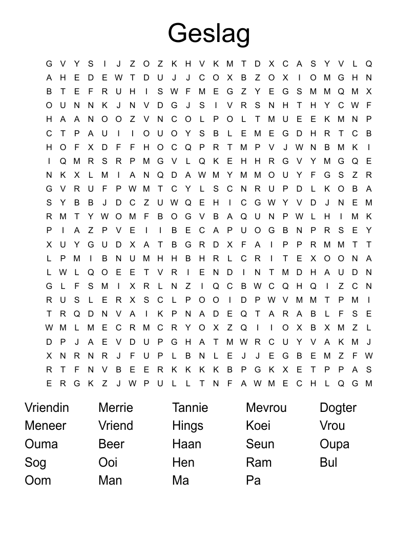 Geslag Word Search