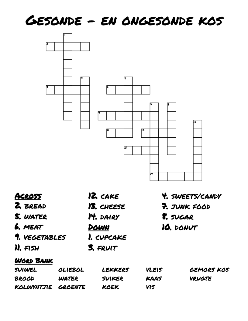 Gesonde - en ongesonde kos Crossword