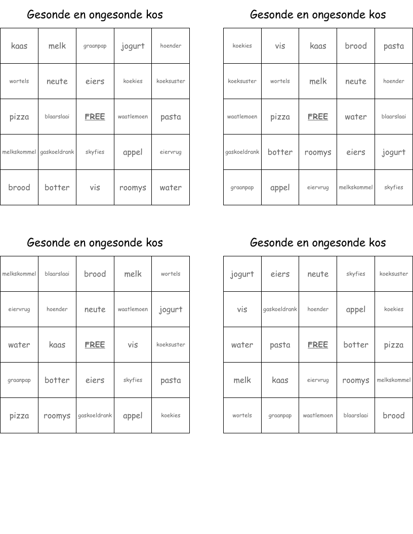 Gesonde en ongesonde kos Bingo Cards