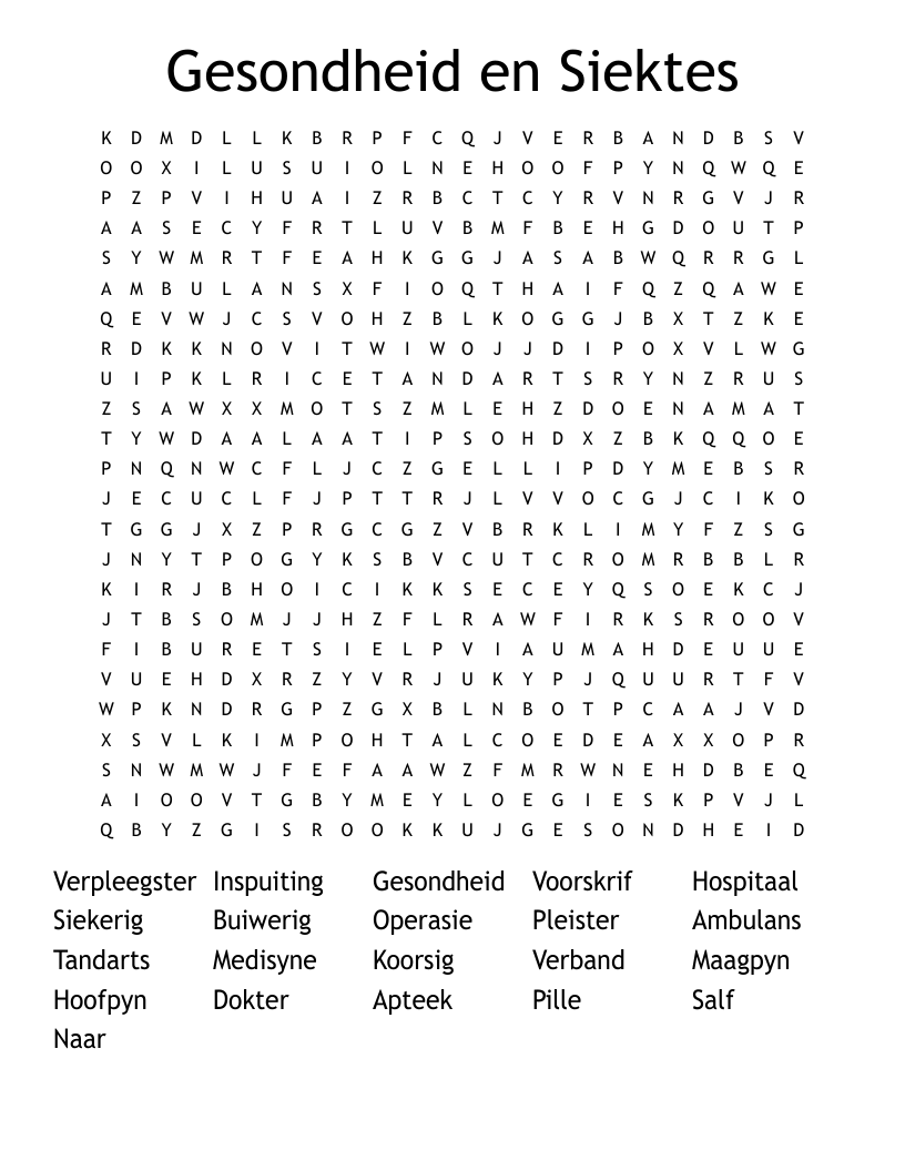 Gesondheid en Siektes Word Search