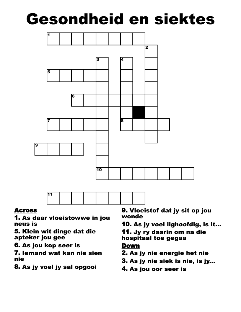 Gesondheid en siektes Crossword