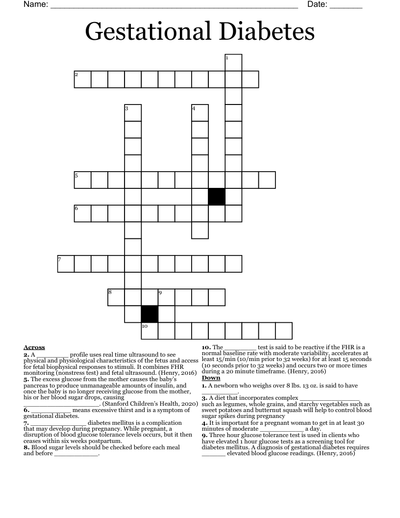 Gestational Diabetes Crossword