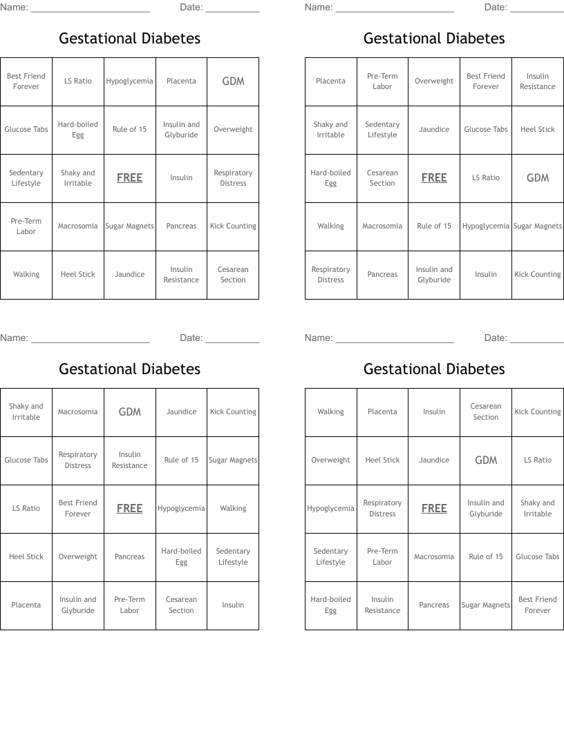 Gestational Diabetes Bingo Cards
