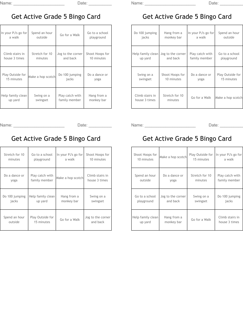 Get Active Grade 5 Bingo Card