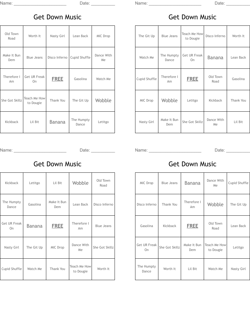 Get Down Music Bingo Cards