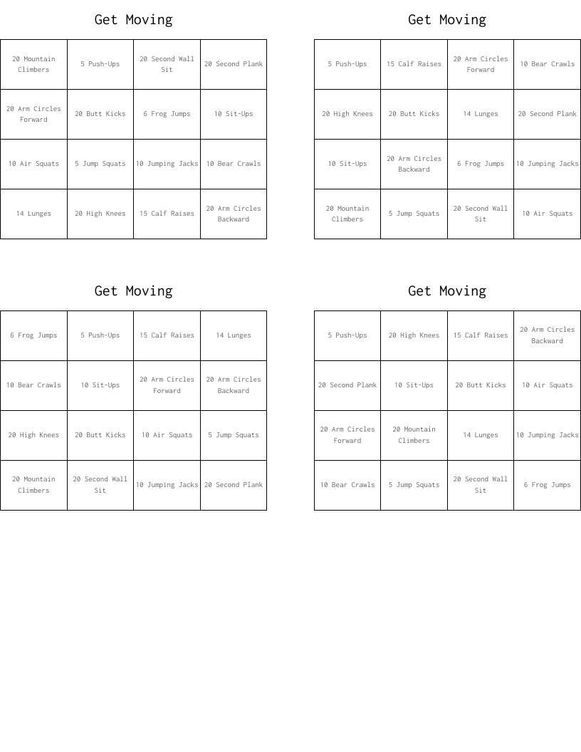 Get Moving  Bingo Cards