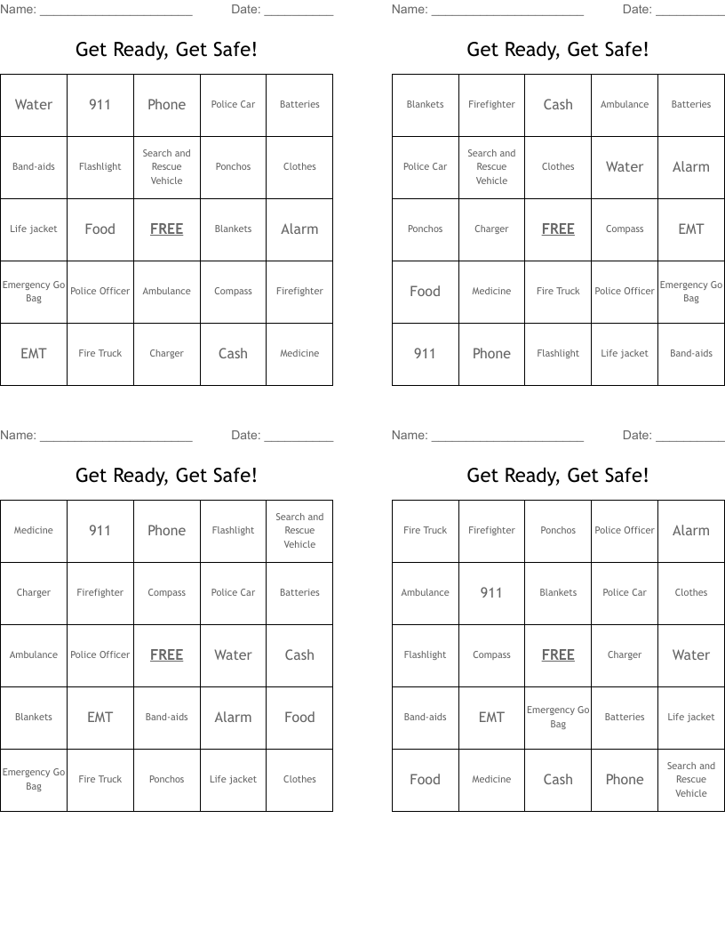 Get Ready, Get Safe! Bingo Cards
