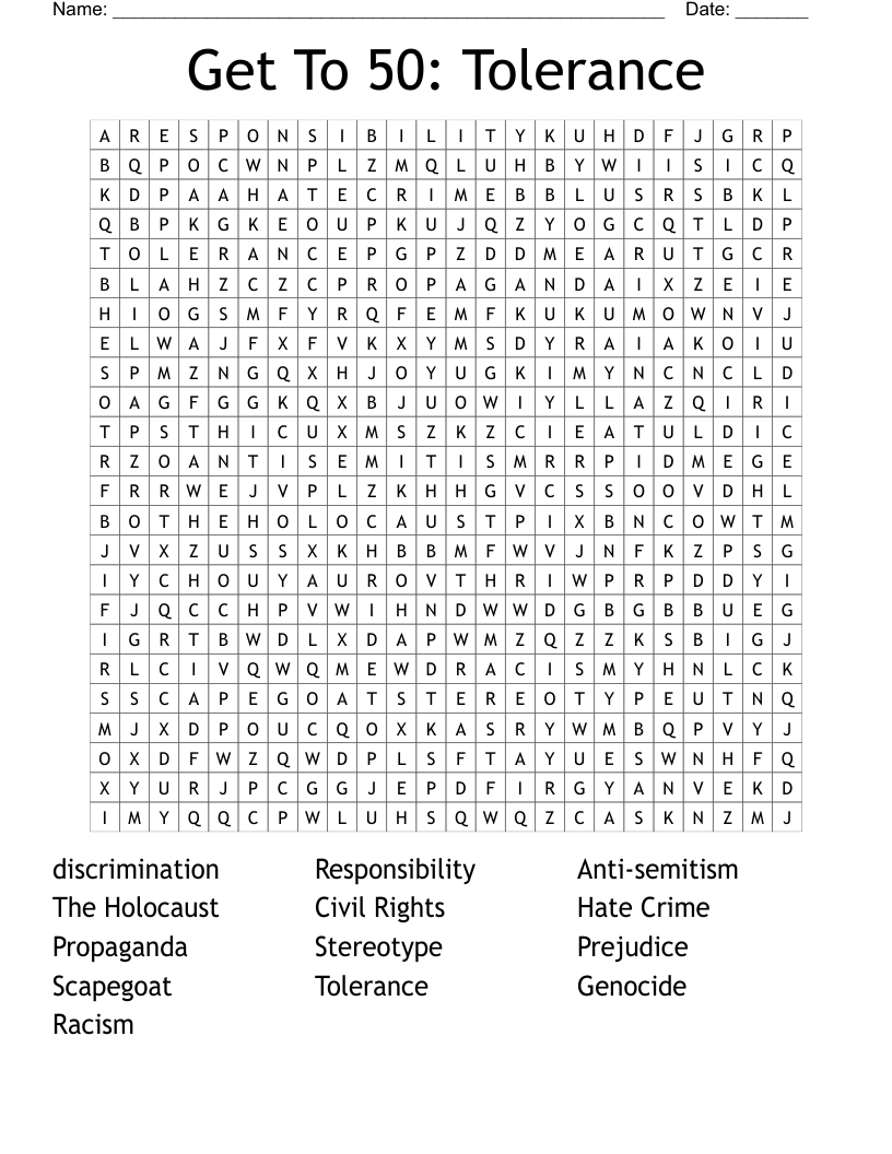 Get To 50: Tolerance  Word Search