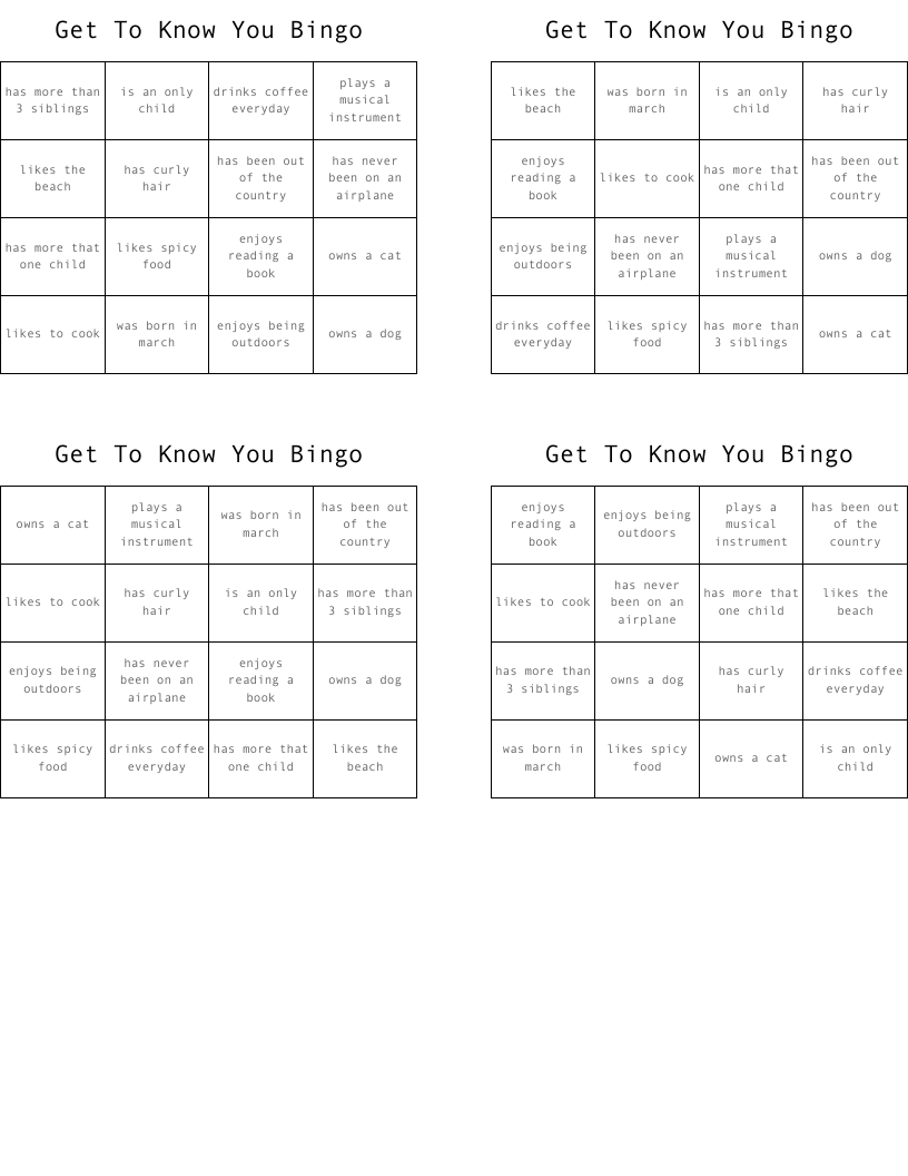 Get To Know You Bingo