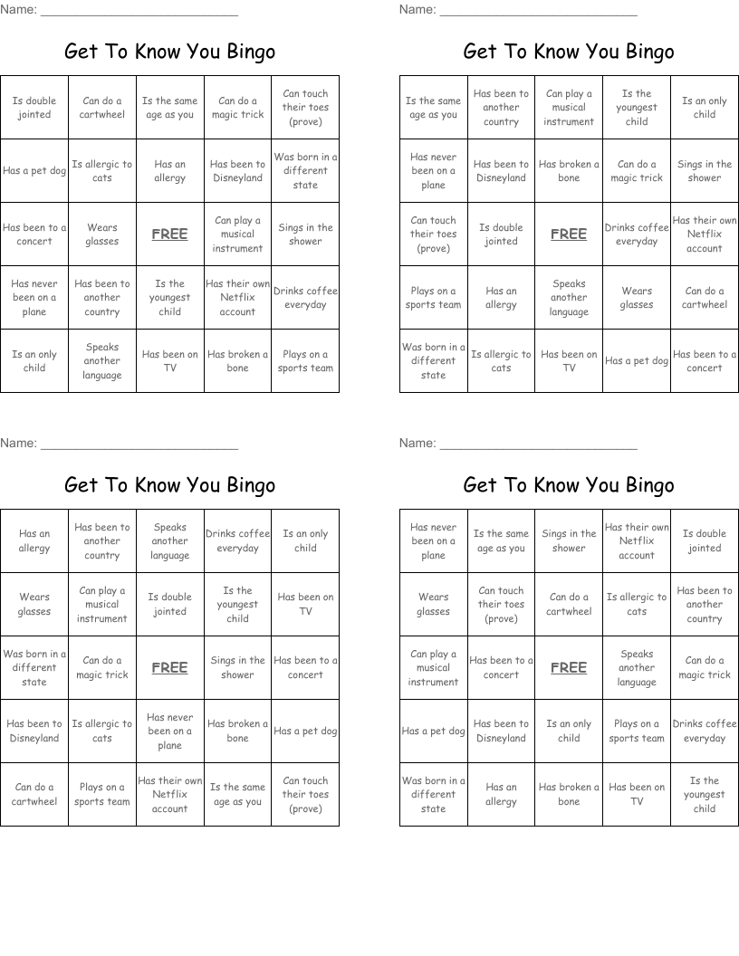 Get To Know You Bingo