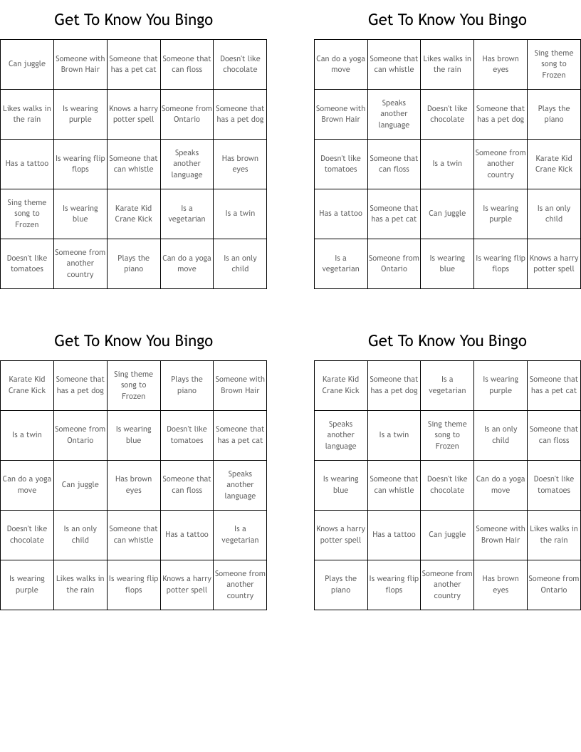 Get To Know You Bingo 