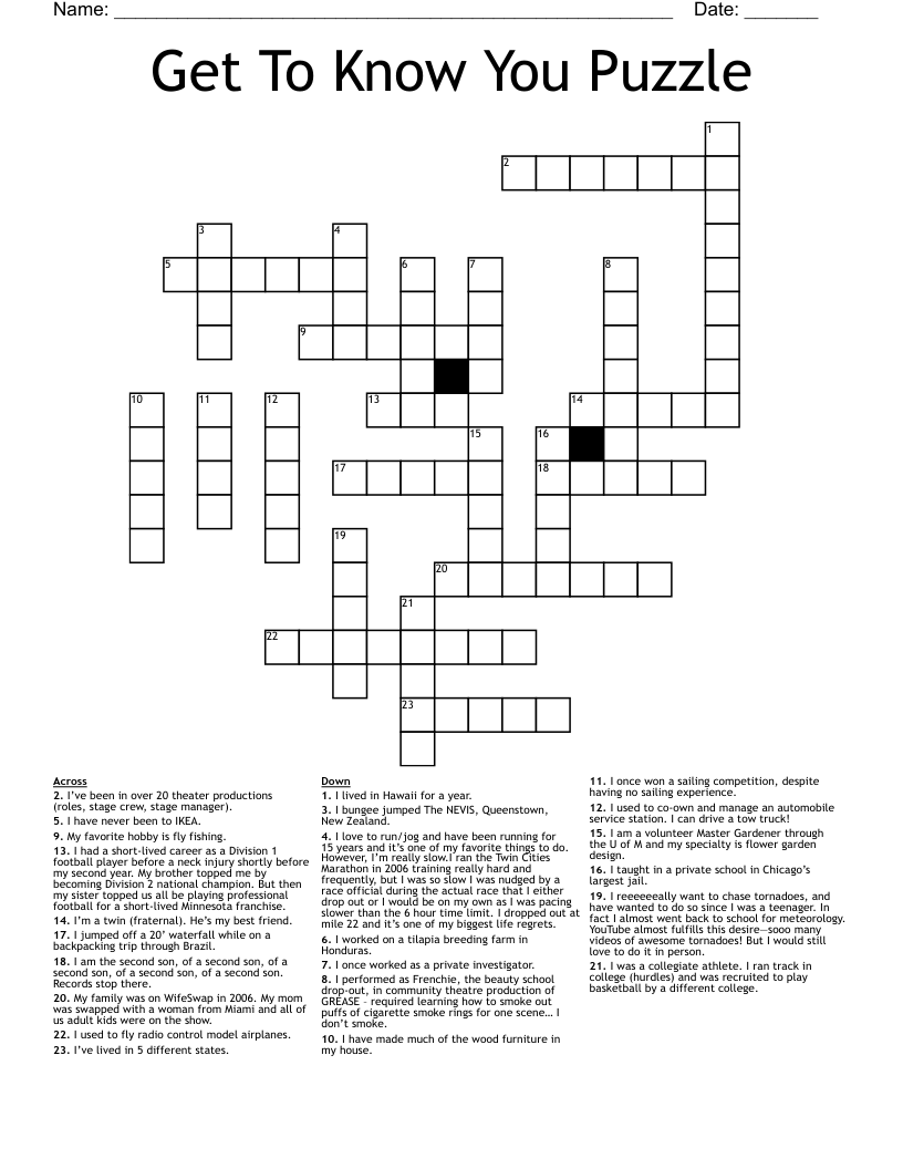 Get To Know You Puzzle Crossword