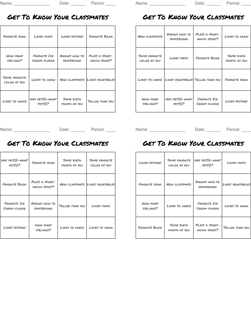 Get To Know Your Classmates Bingo Cards
