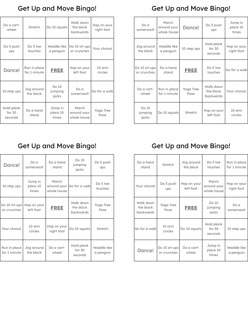Get Up and Move Bingo!