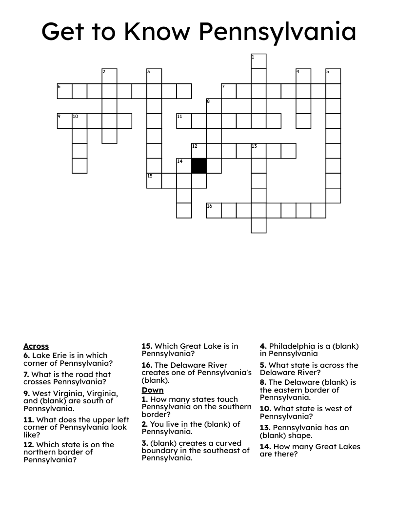 Get to Know Pennsylvania Crossword