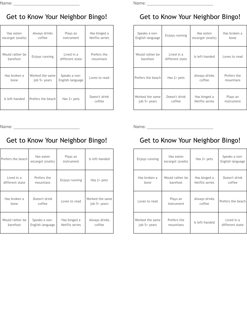 Get to Know Your Neighbor Bingo!