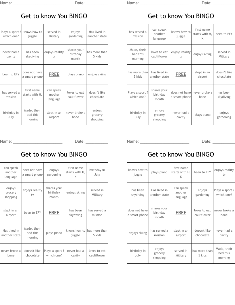 Get to know You BINGO