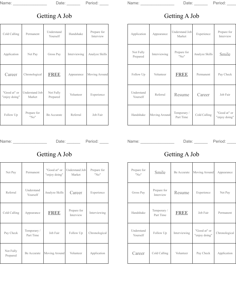 Getting A Job  Bingo Cards
