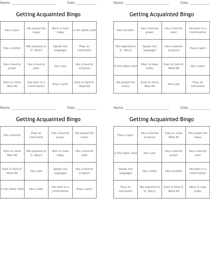 Getting Acquainted Bingo