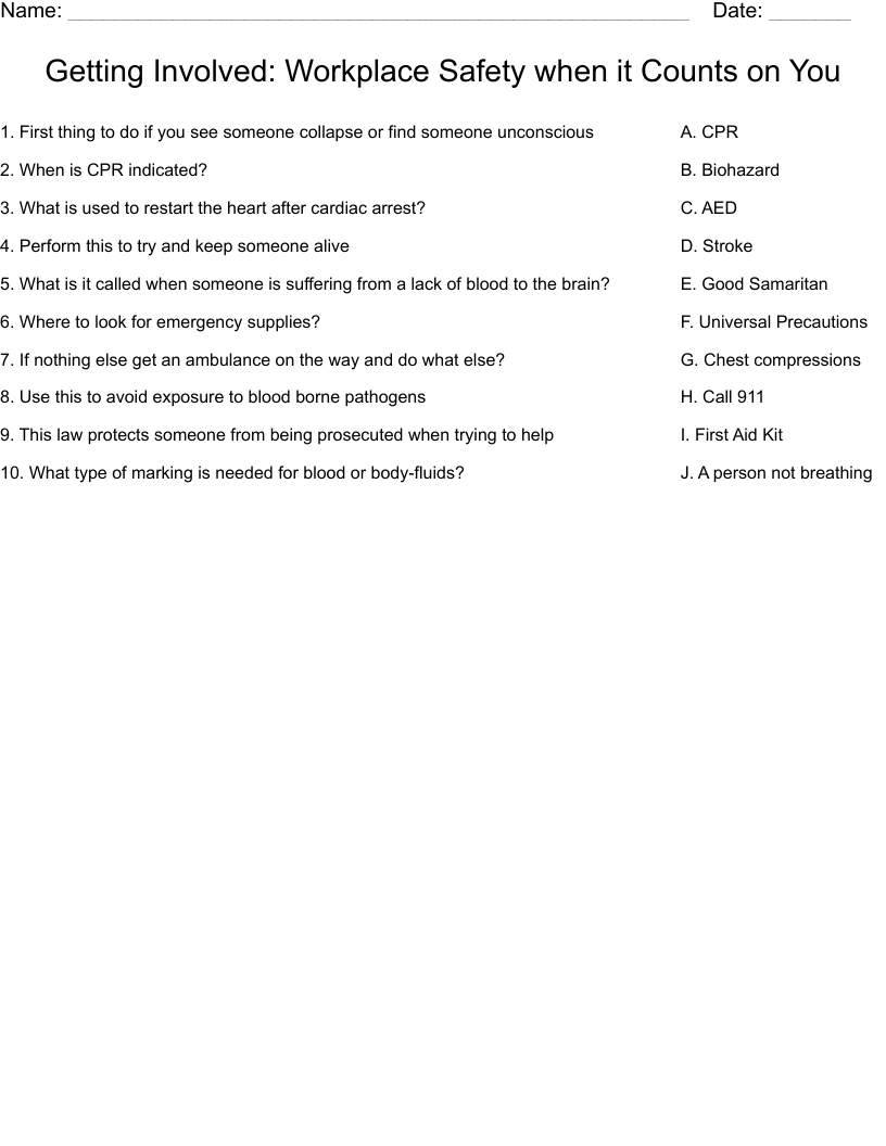 Getting Involved: Workplace Safety when it Counts on You Worksheet