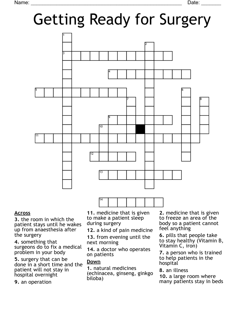 Getting Ready for Surgery Crossword