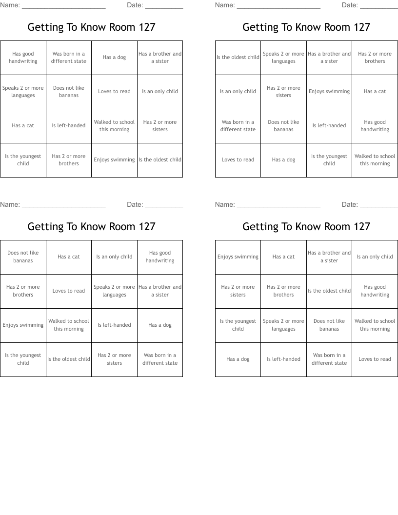 Getting To Know Room 127 Bingo Cards