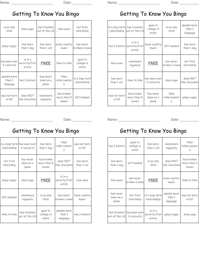 Getting To Know You Bingo
